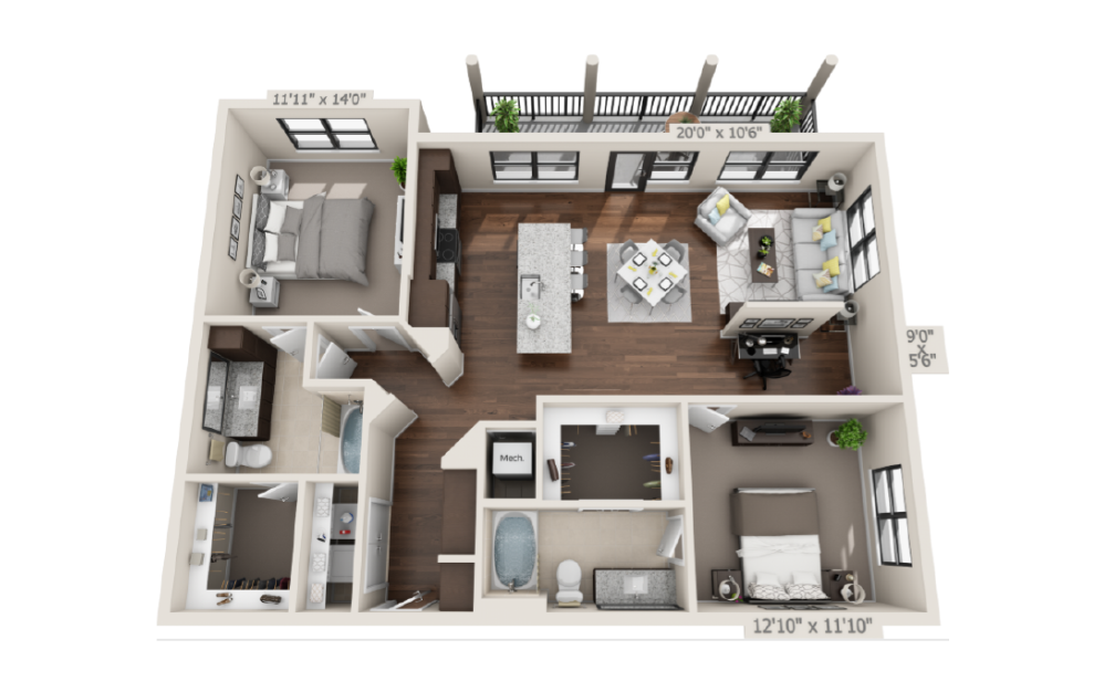 B3 - 2 bedroom floorplan layout with 2 bathrooms and 1230 square feet